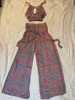 Floral Wide-Leg Pant Set in Coral with Blue Print